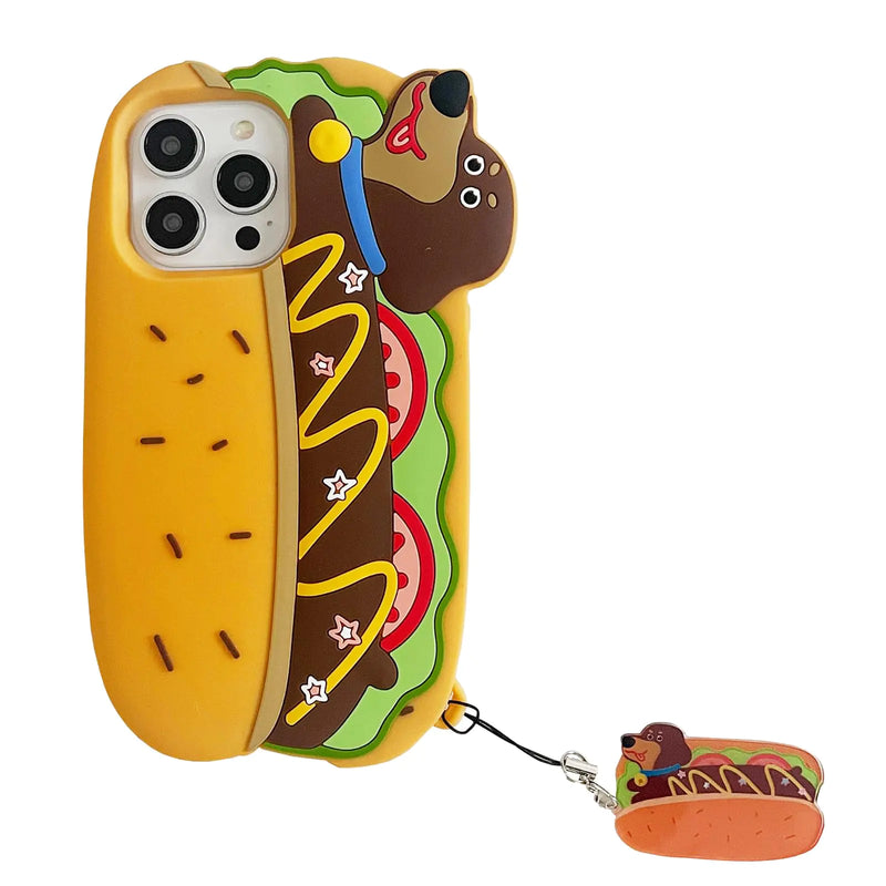 QoKcoahn Case for iPhone 16 Pro MaxFunny 3D Cartoon Food Hot Dog Cases with Keychain Cute Kawaii Phone Cases Soft Silicone Shockproof Protective Case Women Girls for iPhone 16 Pro Max