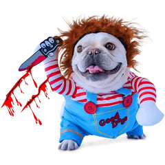 Pet Deadly Doll Dog Costume Novelty Halloween Christmas Costumes Funny Dog Cosplay Outfits Cute Clothes for Small Medium Large Dogs Cats Party Dress Up Cool Puppy Costumes Scary Spooky Apparel Blue